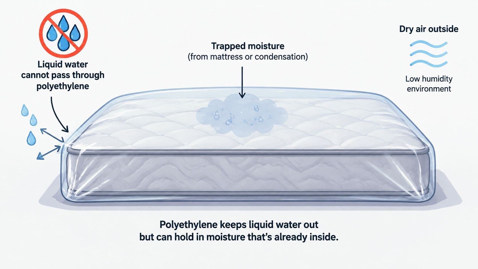 A diagram illustrating how a polyethylene mattress bag traps moisture inside while preventing liquid water from entering.