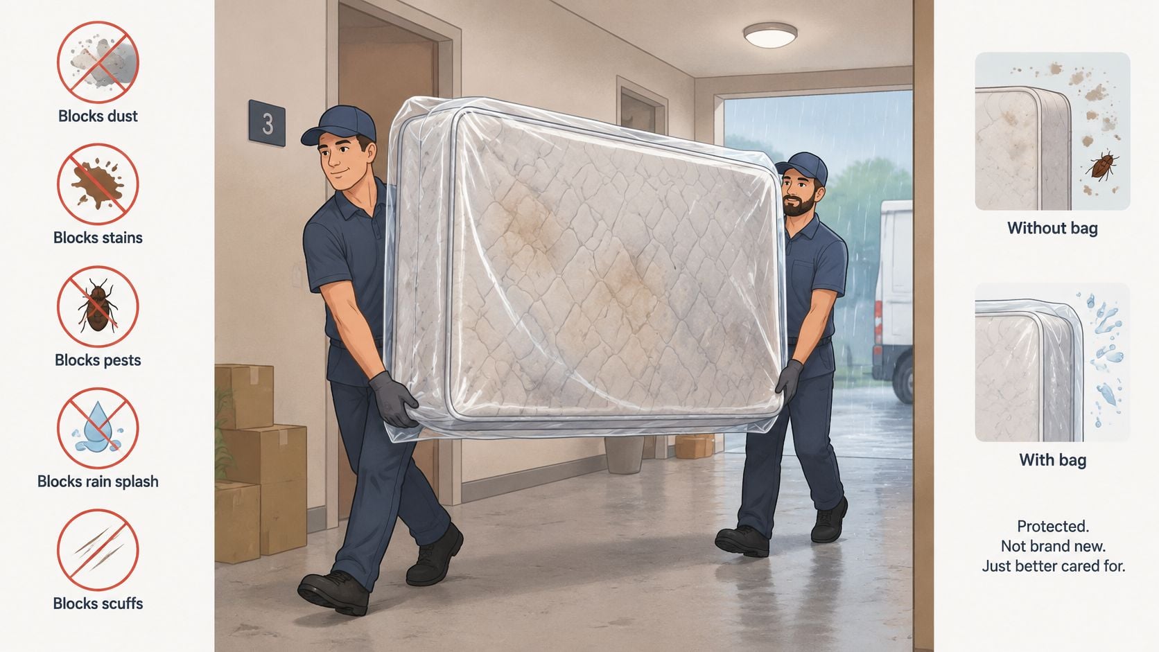 Two movers carrying a mattress protected in a heavy duty plastic bag inside a building hallway.