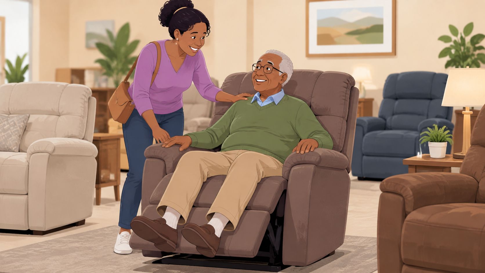 A woman helping an elderly man comfortably test out a brown recliner in a furniture store showroom.