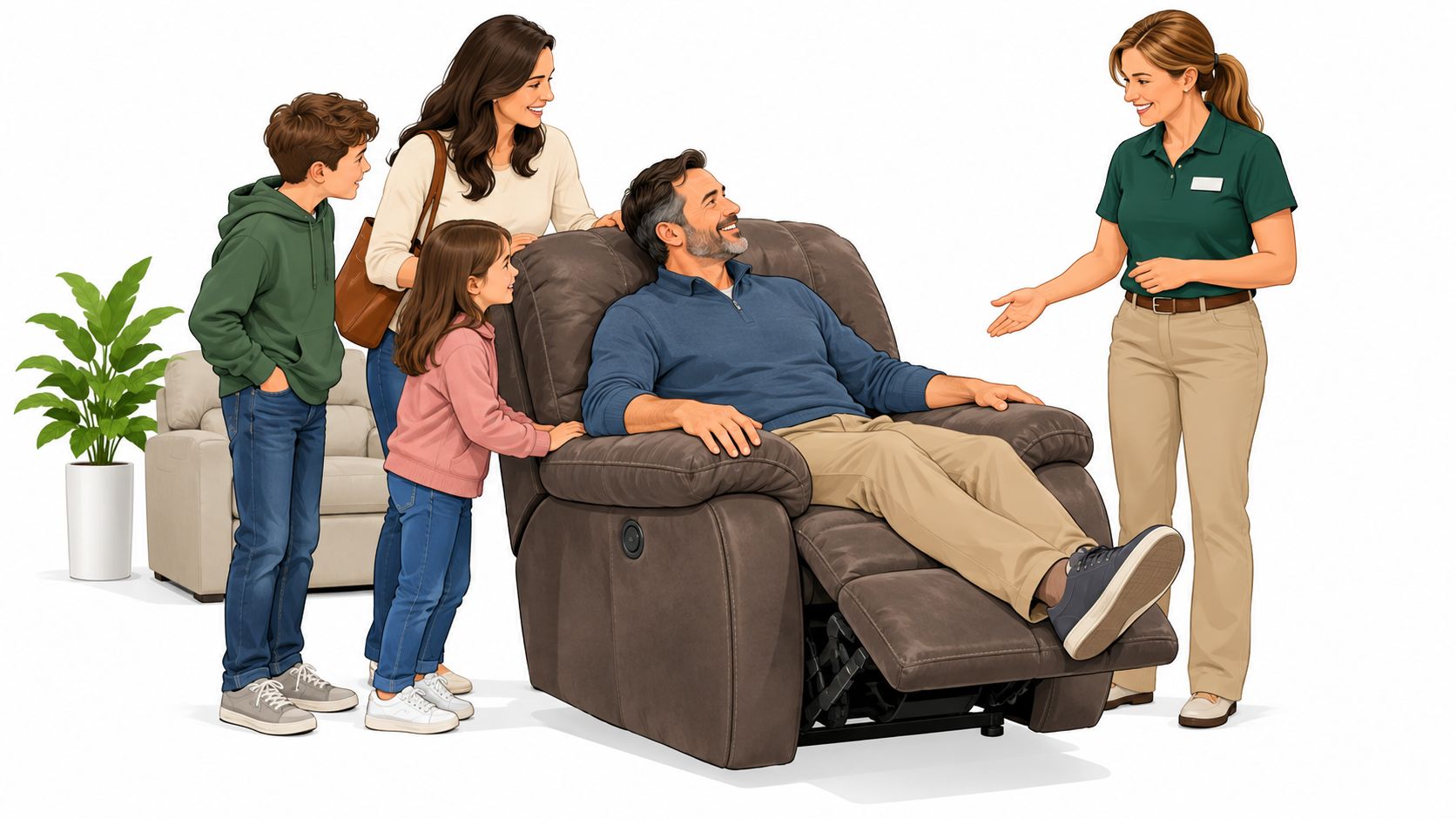 A happy family testing a comfortable brown leather recliner in a furniture store with a helpful salesperson.