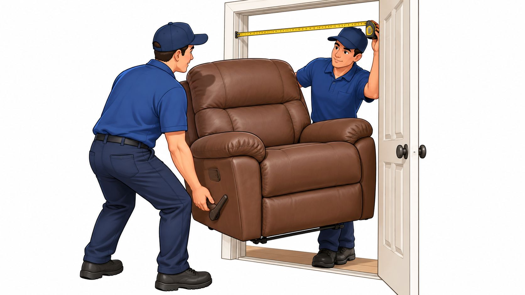 Two professional movers in blue uniforms carefully measuring a doorway before moving a leather recliner inside.