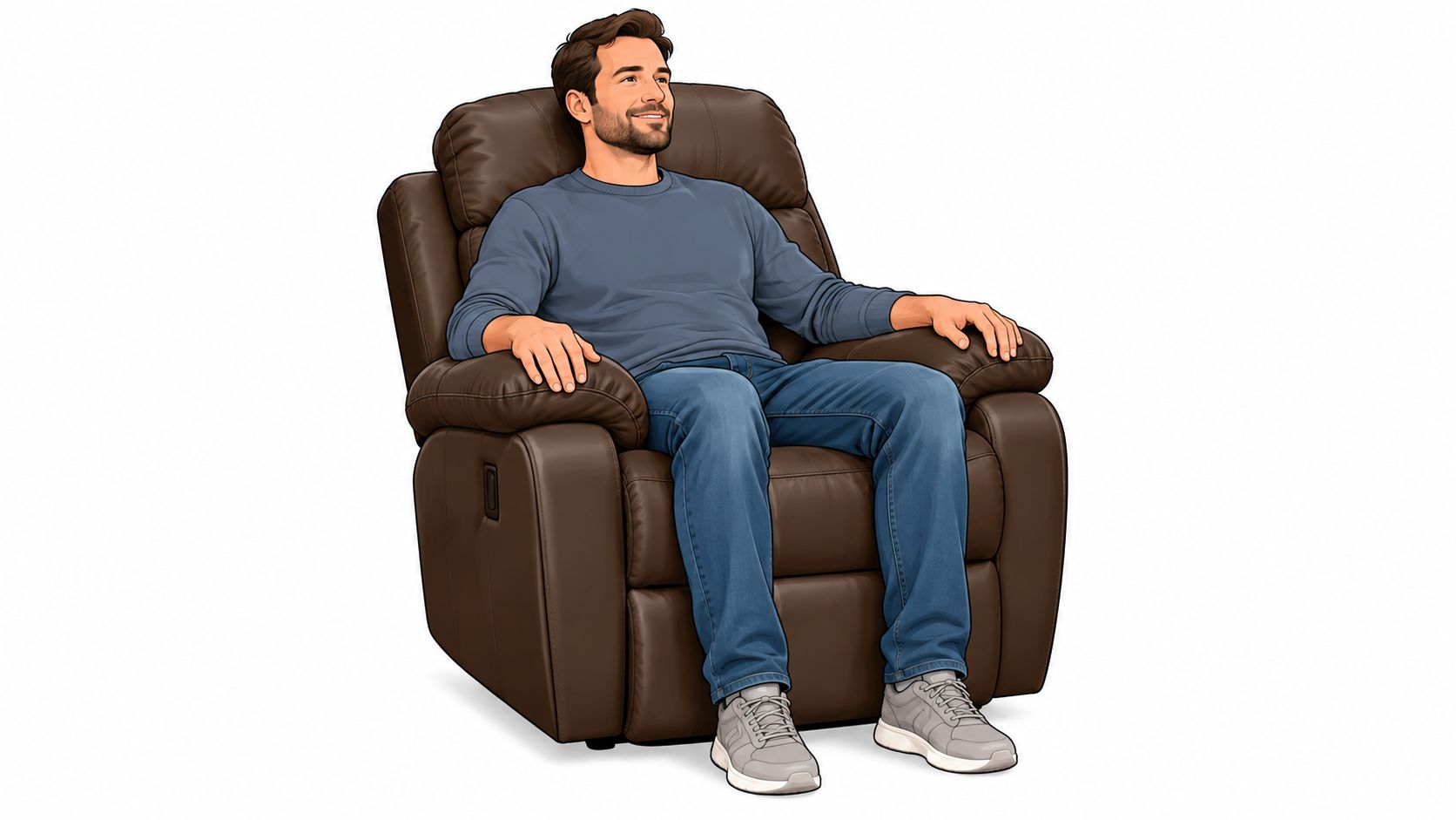 A man sitting comfortably in a brown leather recliner chair against a plain white background.