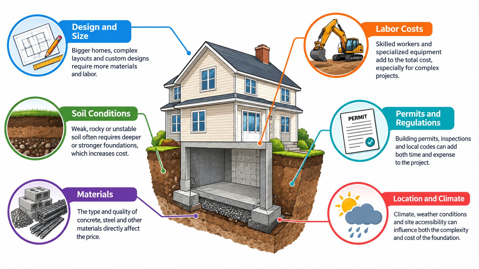 An infographic showing factors affecting house foundation construction costs including design, labor, soil, permits, materials, and climate.