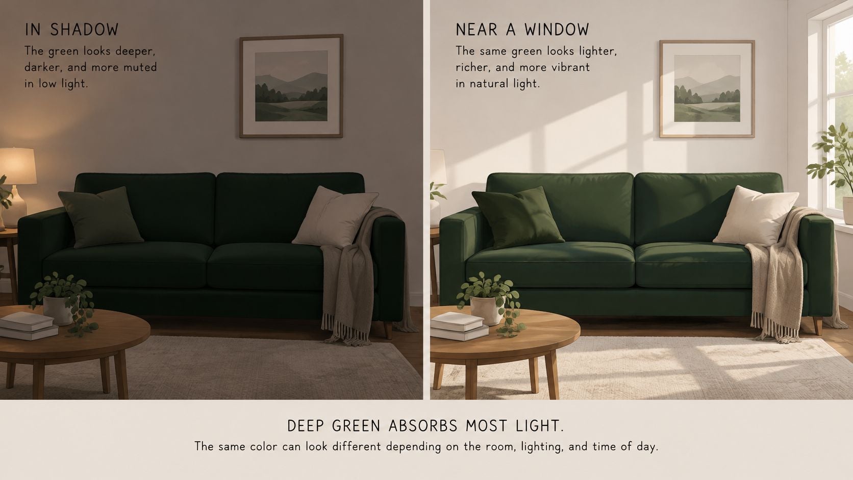 A comparison image showing a hunter green sofa under low lighting and natural daylight by a window.