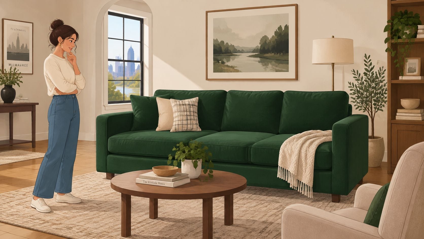A woman stands in a bright living room next to a stylish hunter green velvet couch.