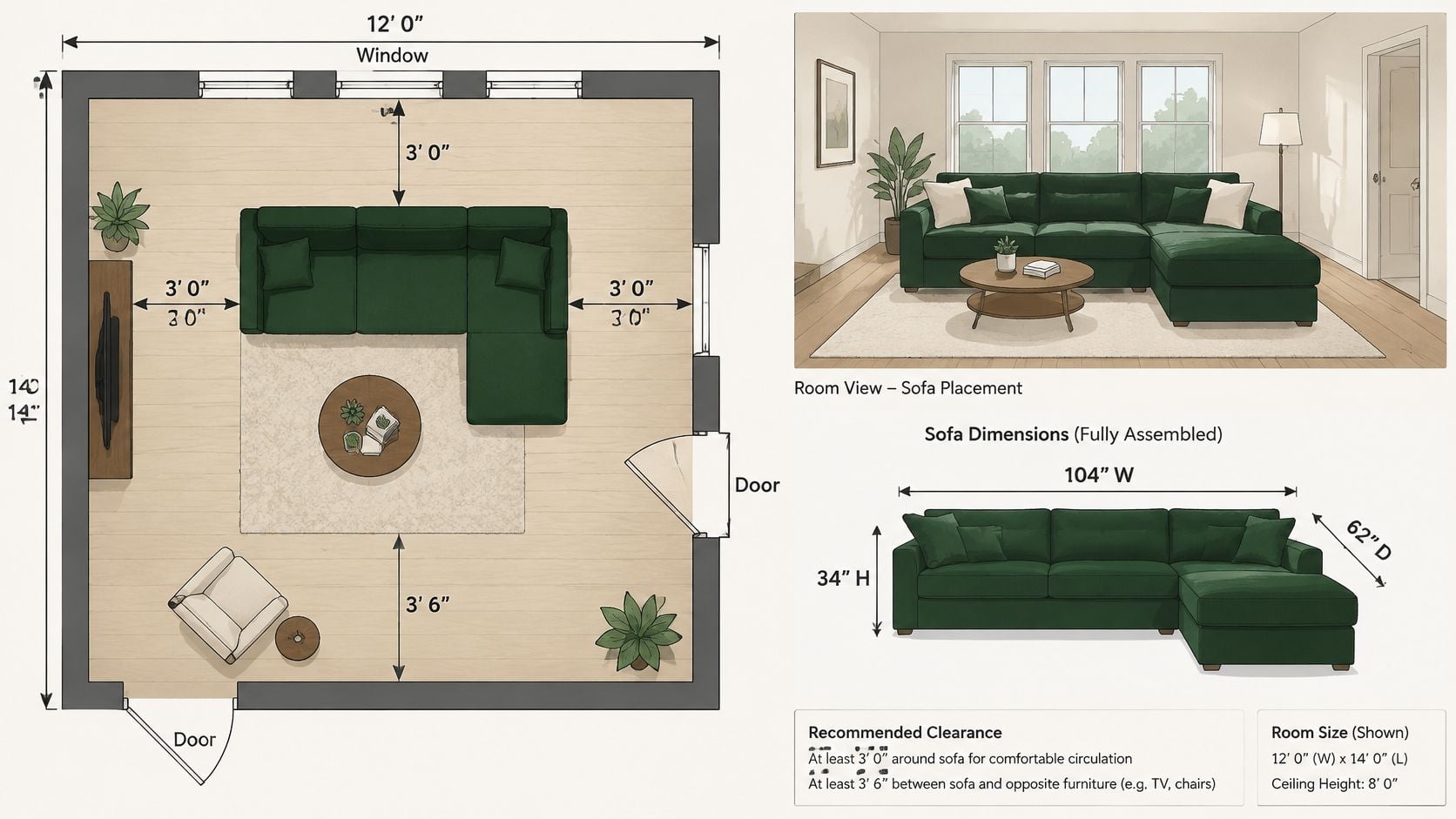 A room floor plan and 3D illustration showing a hunter green sofa with clearance dimensions for furniture placement.