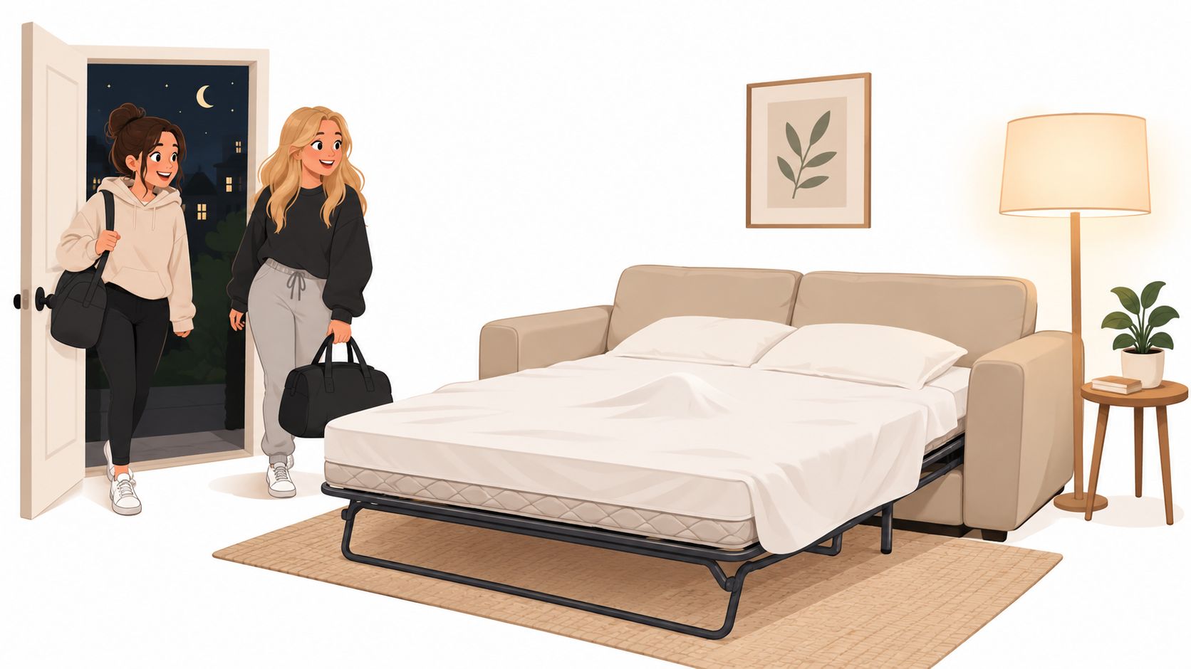 Two young women entering a room at night with a modern open innerspring sleeper sofa set up.