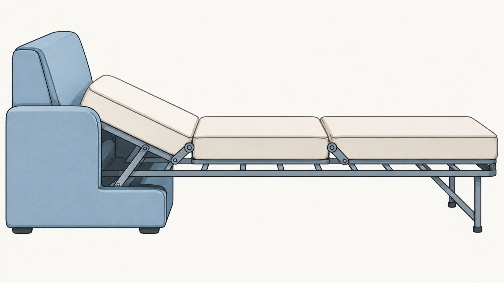 A side view illustration of a blue convertible chair bed extended into a sleeper position.