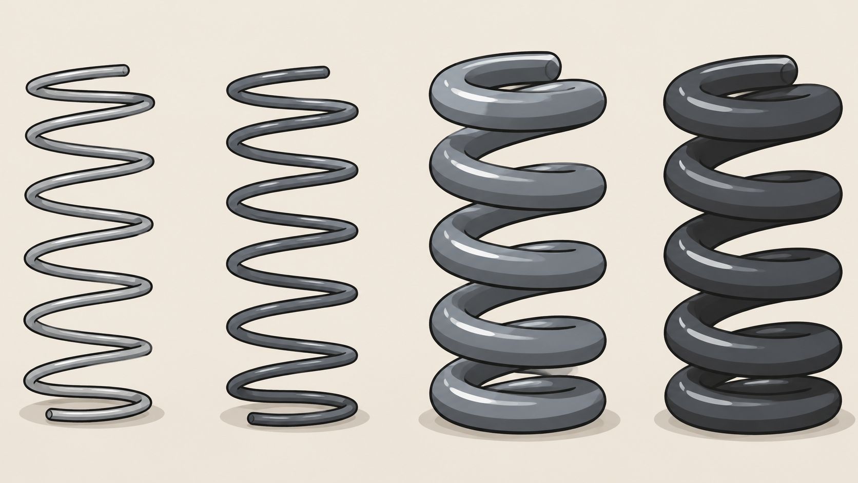 Four different metal coils lined up side by side showing varying thickness and spring design density.