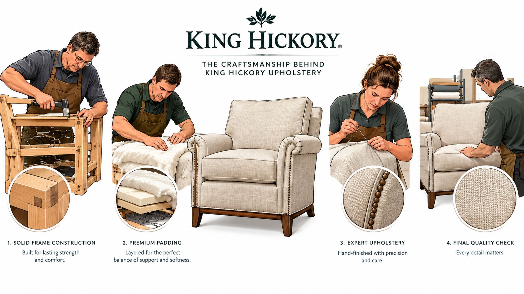 An illustration showing the four-step furniture manufacturing process for high-quality King Hickory upholstered chairs.