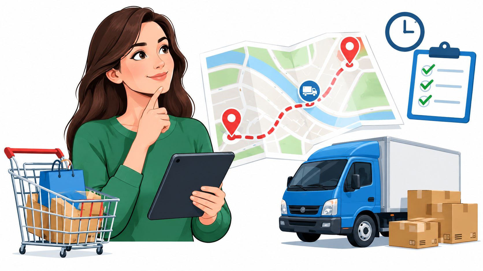 A woman thinking while using a tablet with a delivery map, shopping cart, and truck beside her.