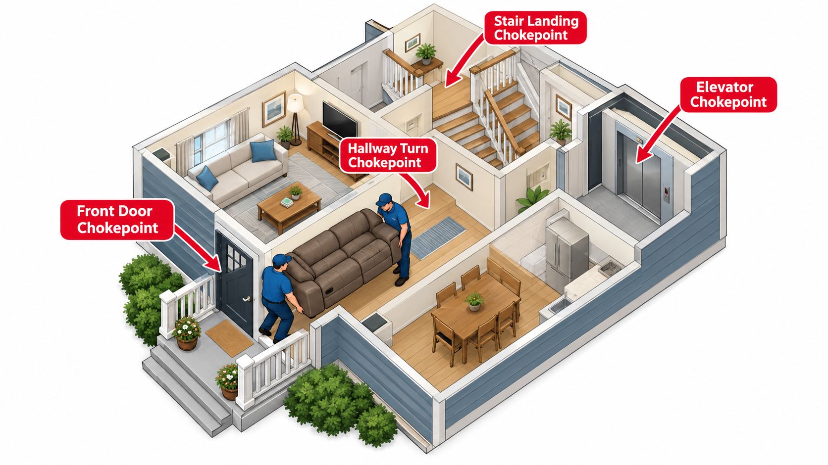 Two professional movers carefully carrying a large brown recliner sofa through the front door of a home.