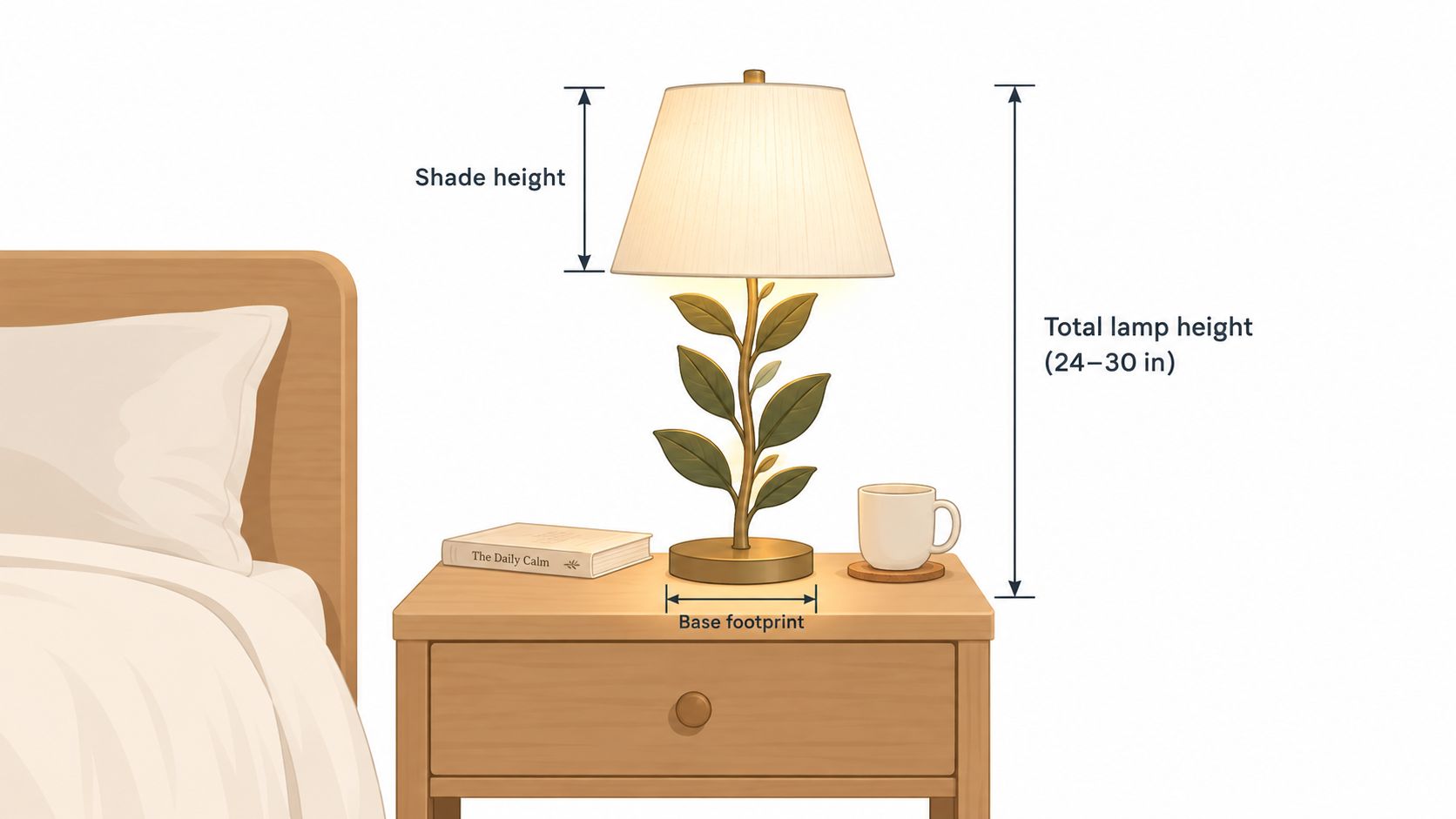 A decorative leaf-shaped table lamp displayed on a wooden nightstand next to a bed and book.