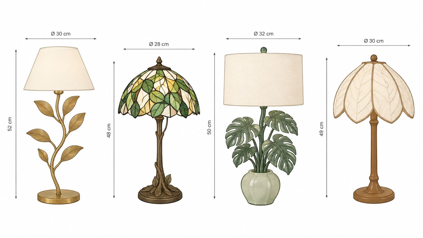 A set of four decorative table lamps featuring unique leaf-inspired designs and varying lampshade shapes and sizes.