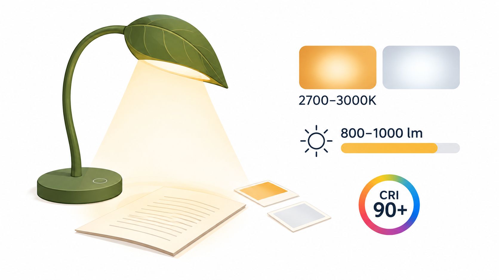A green leaf-shaped desk lamp illuminating a piece of paper, displaying technical light specifications and brightness.