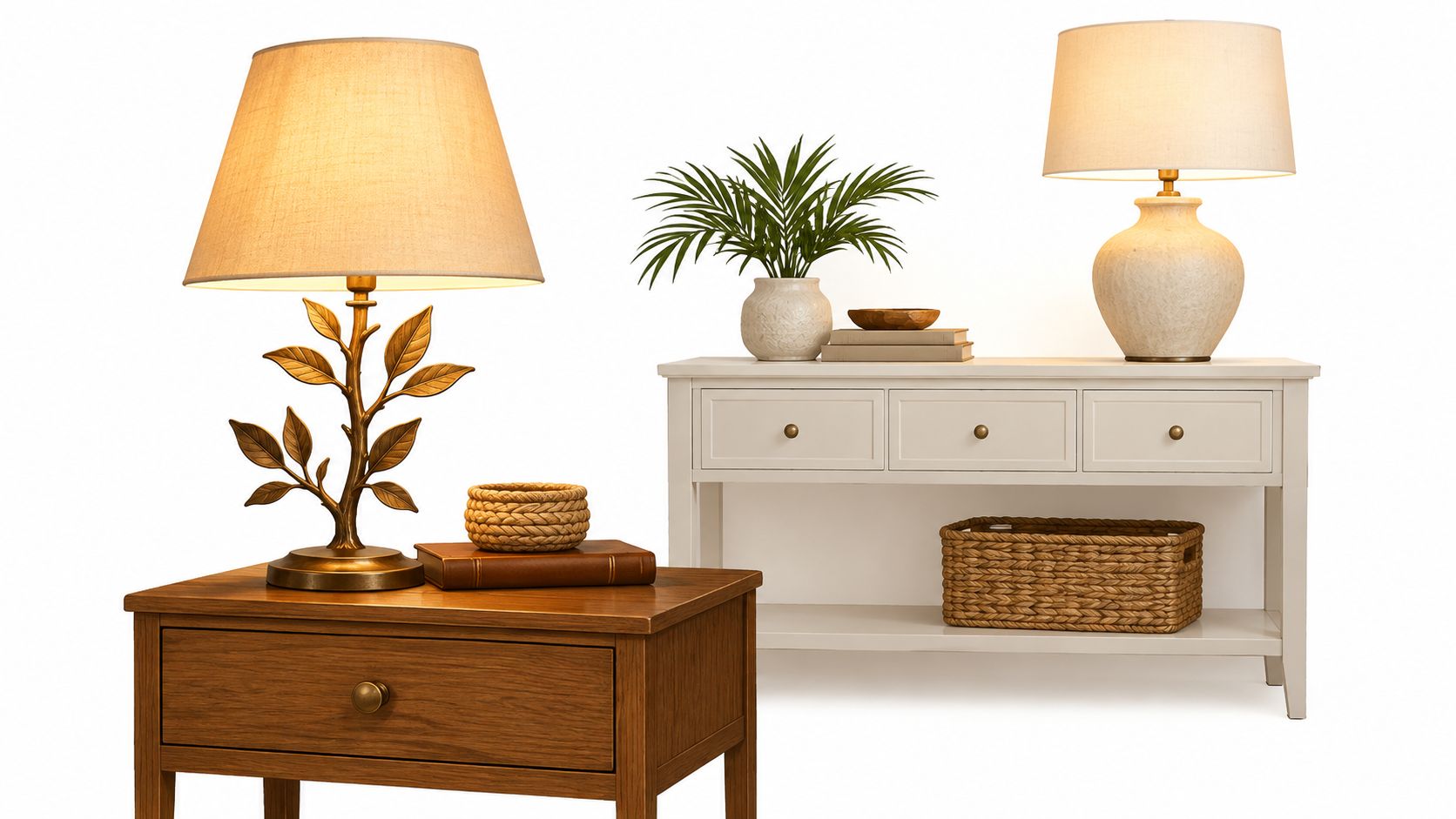 A wooden bedside table with a brass leaf-shaped lamp next to a white console table with decor.