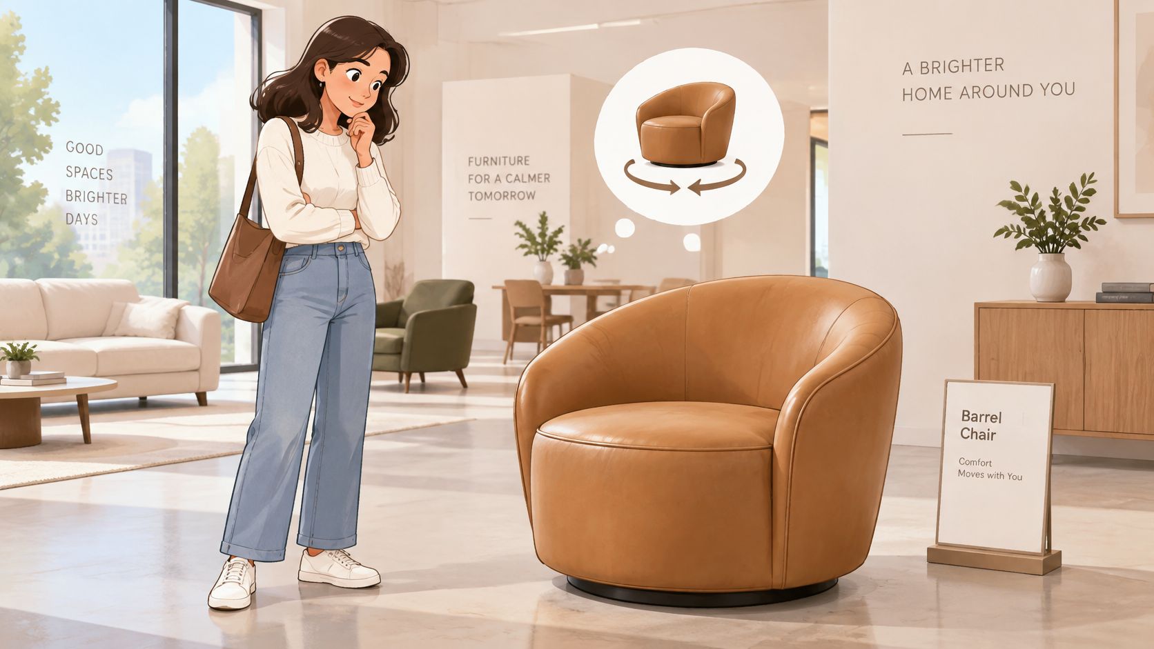 A young woman thoughtfully considering a stylish tan leather barrel swivel chair in a modern furniture showroom.