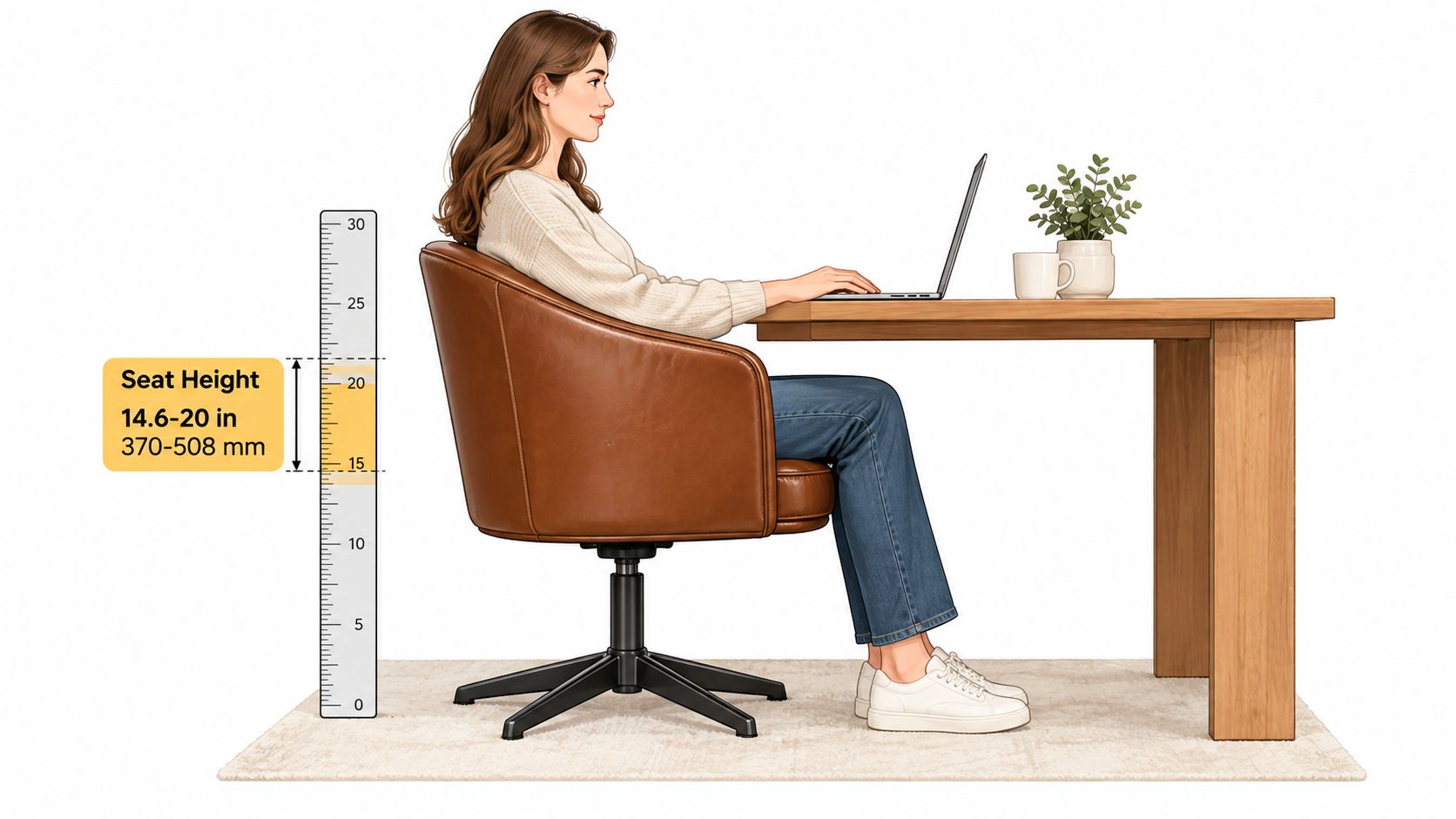 A woman sitting on a brown leather barrel swivel chair while working on a laptop at a table.