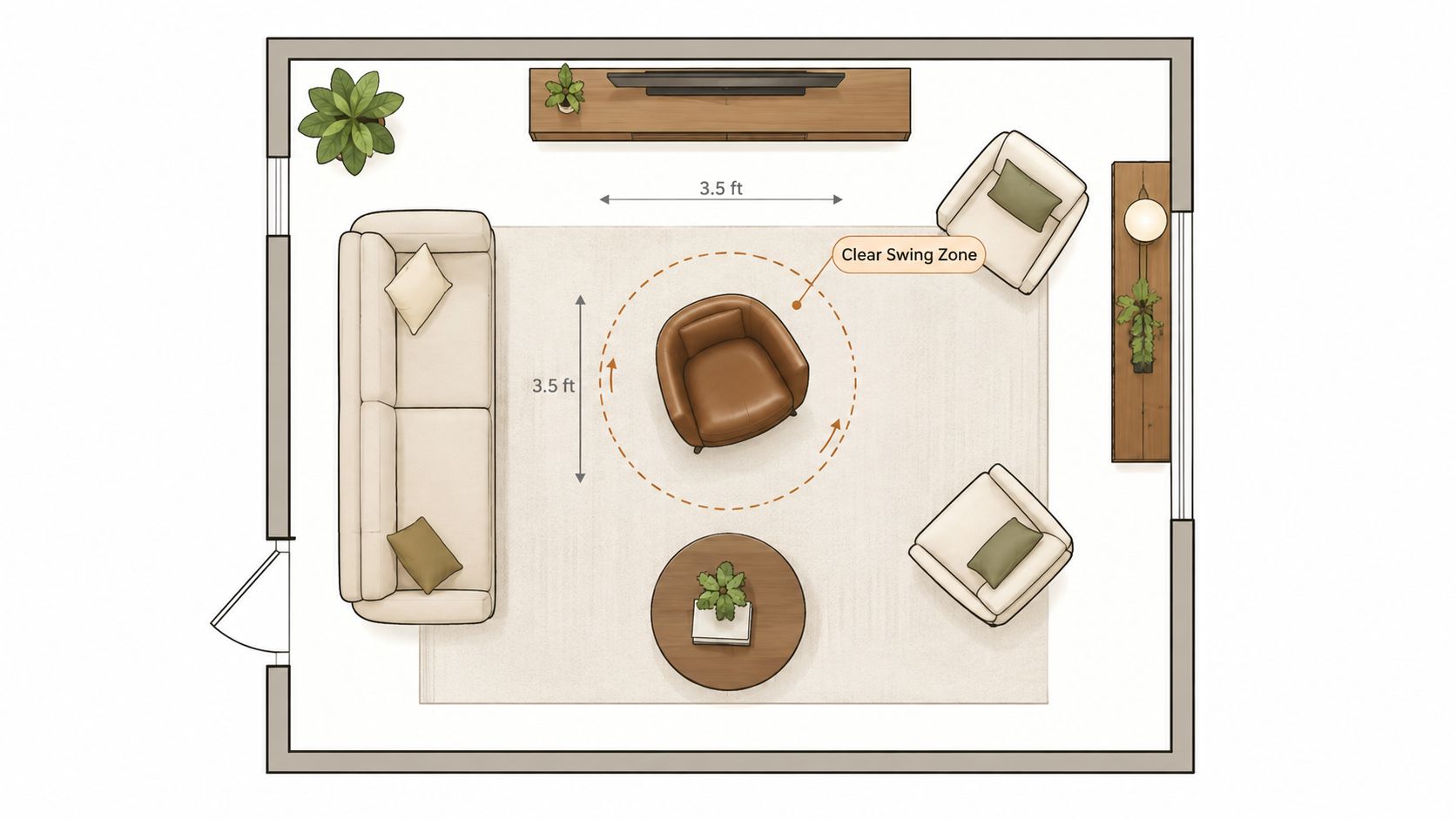 A top-down floor plan view of a living room layout featuring a central leather barrel swivel chair.