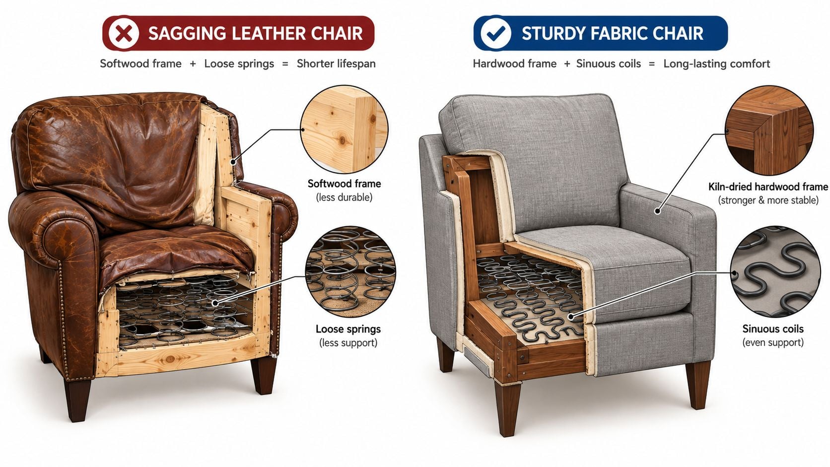 A comparison illustration showing the internal construction differences between a low-quality sagging leather chair and a durable fabric chair.