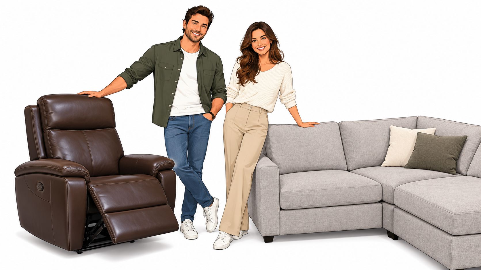 A smiling couple standing between a brown leather recliner chair and a comfortable grey fabric sectional sofa.