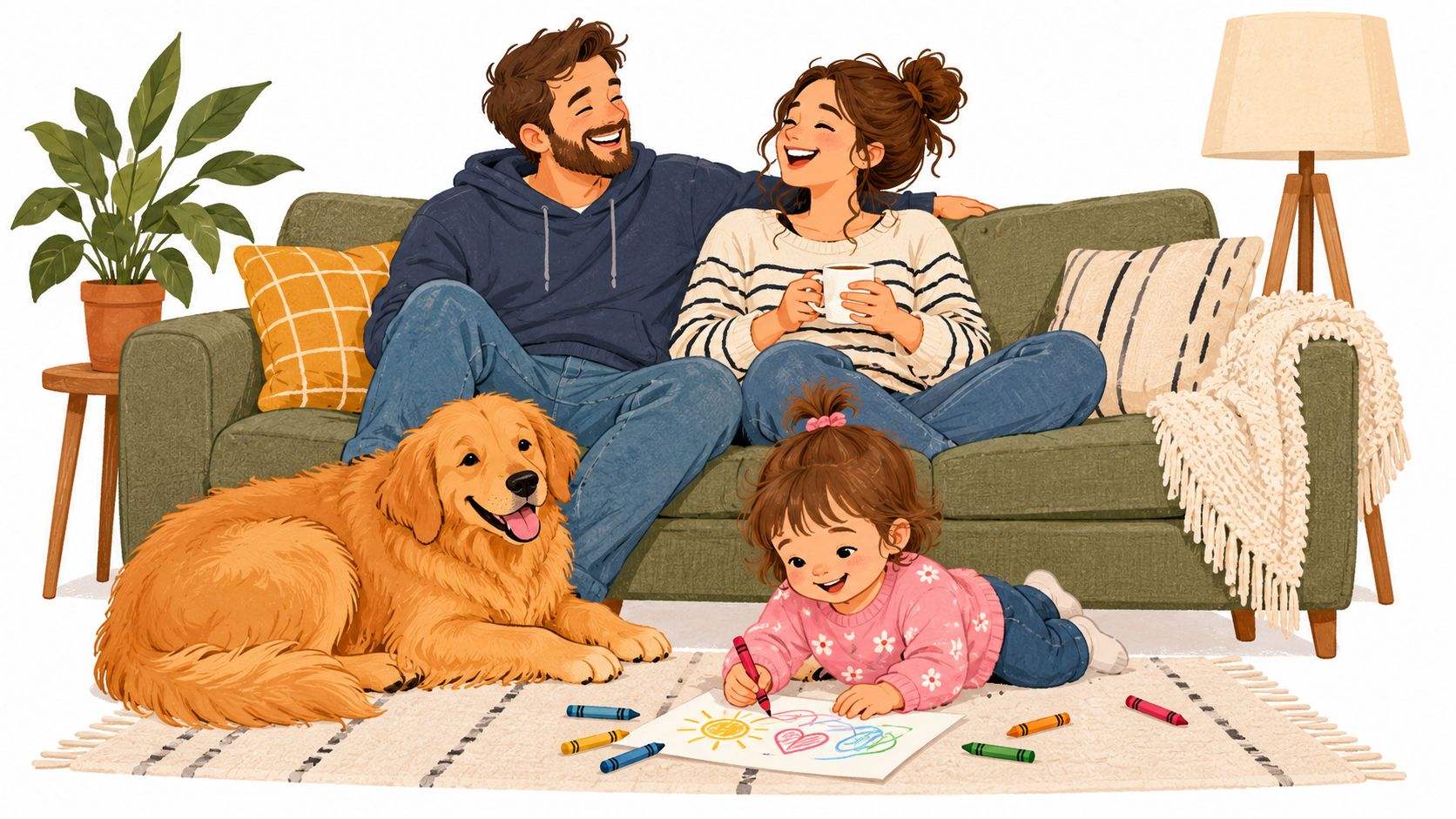 A happy family relaxing on a couch while their young child draws on the floor with crayons.