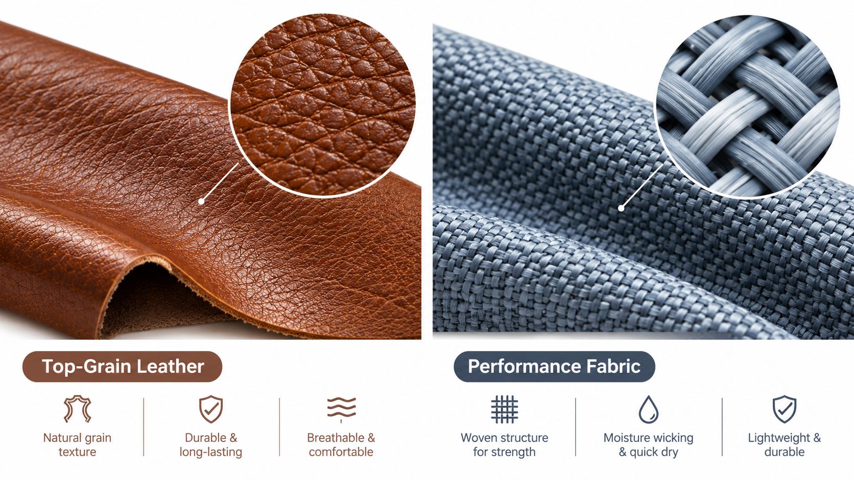 A split image comparing the textures and features of brown top-grain leather and grey performance fabric.