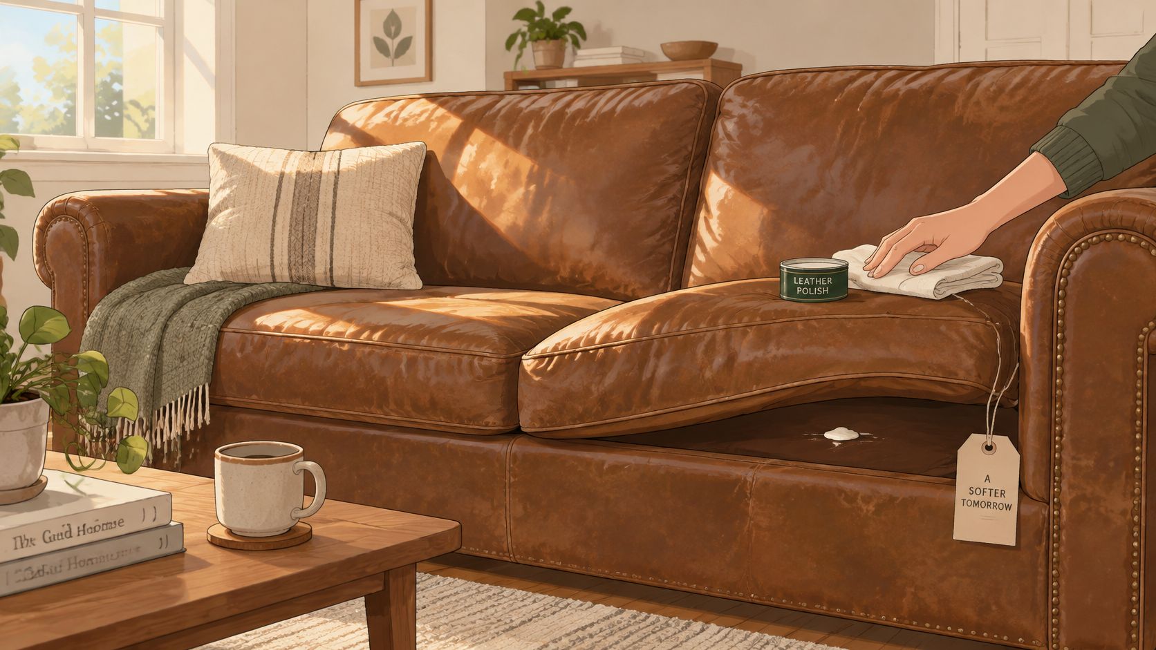 A person applying leather polish to a classic brown leather sofa in a cozy, sunlit living room.