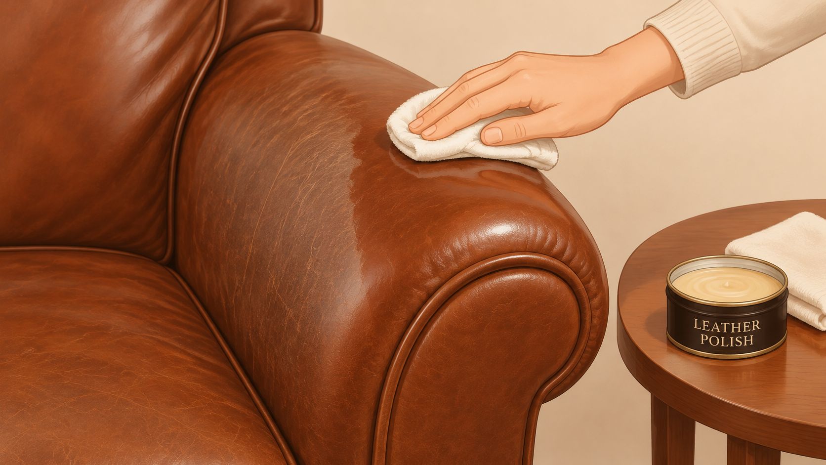A person's hand using a soft cloth to apply leather furniture polish to a brown leather sofa.