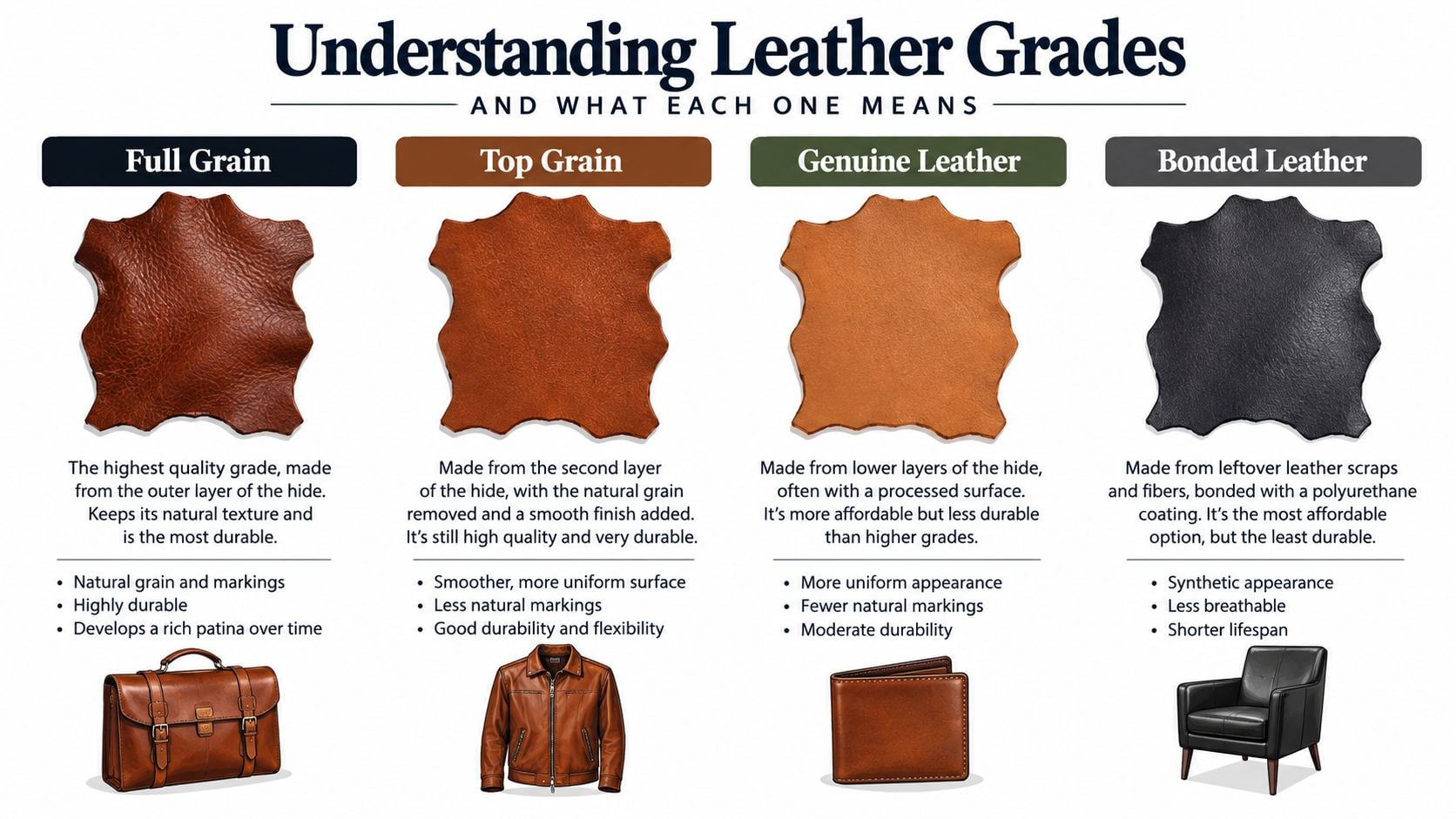 An infographic showing four common leather grades including full grain, top grain, genuine, and bonded leather descriptions.