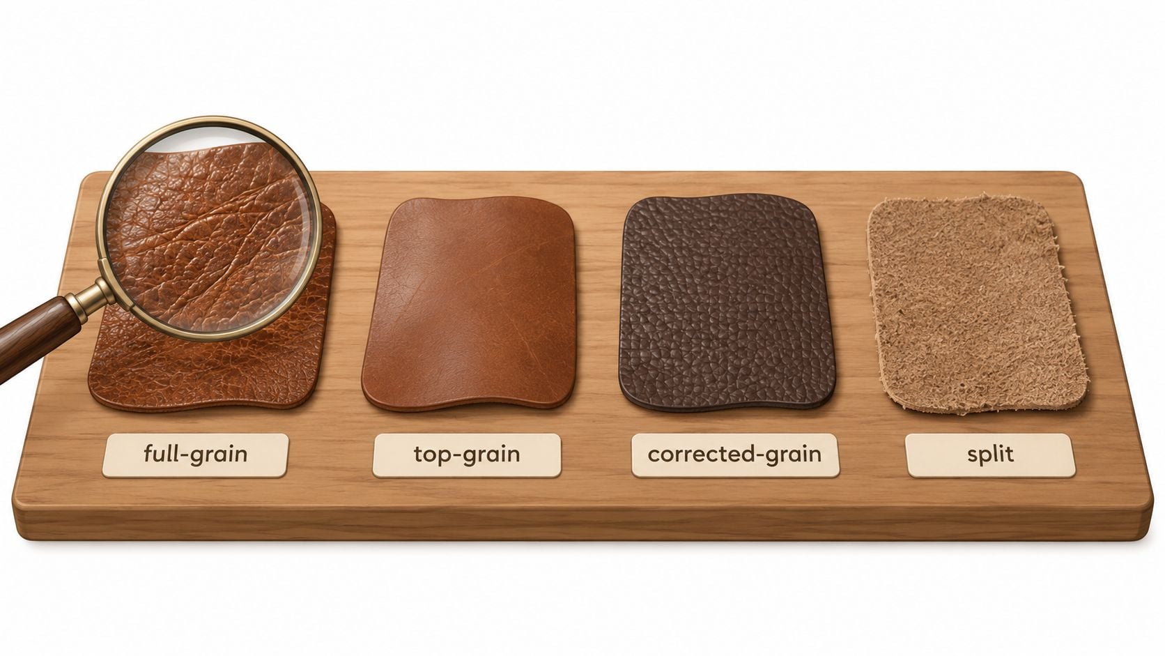Four different types of leather samples displayed on a wooden board with a magnifying glass.
