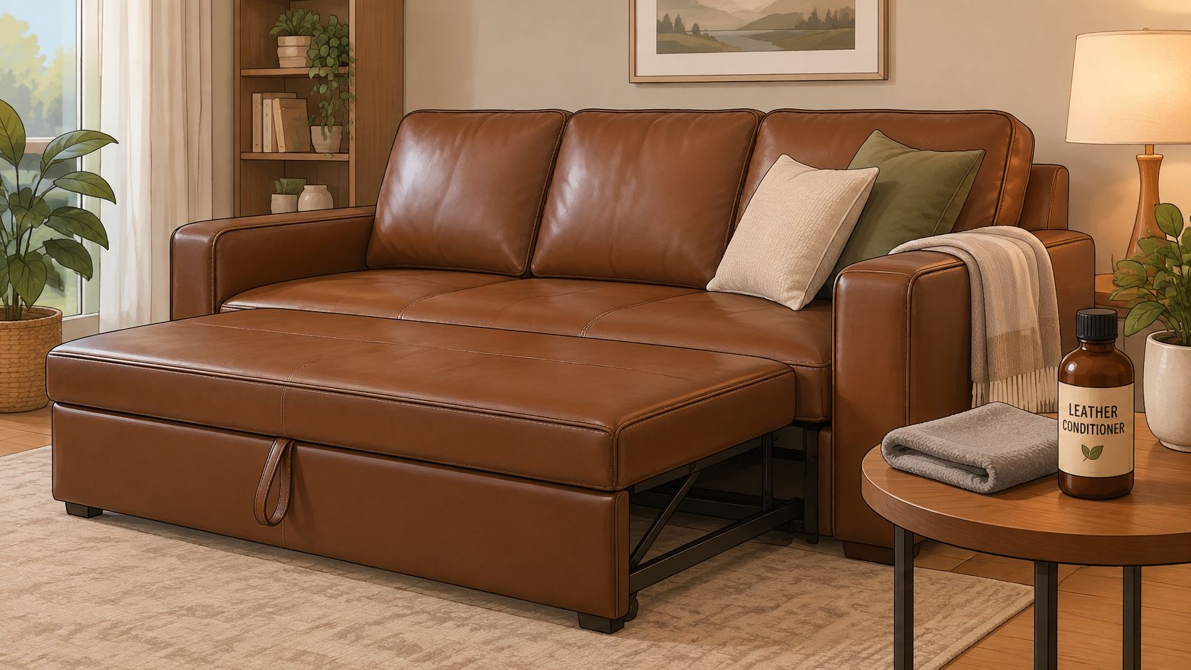A modern brown leather sofa bed with an extended section and a bottle of leather conditioner nearby.