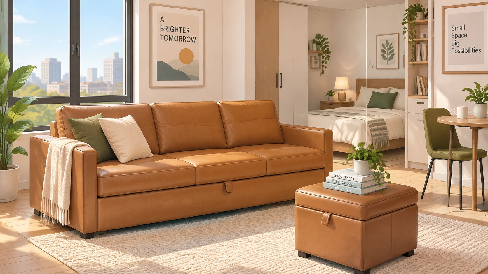 A modern leather sofa bed with storage in a bright, cozy living room with matching ottoman.