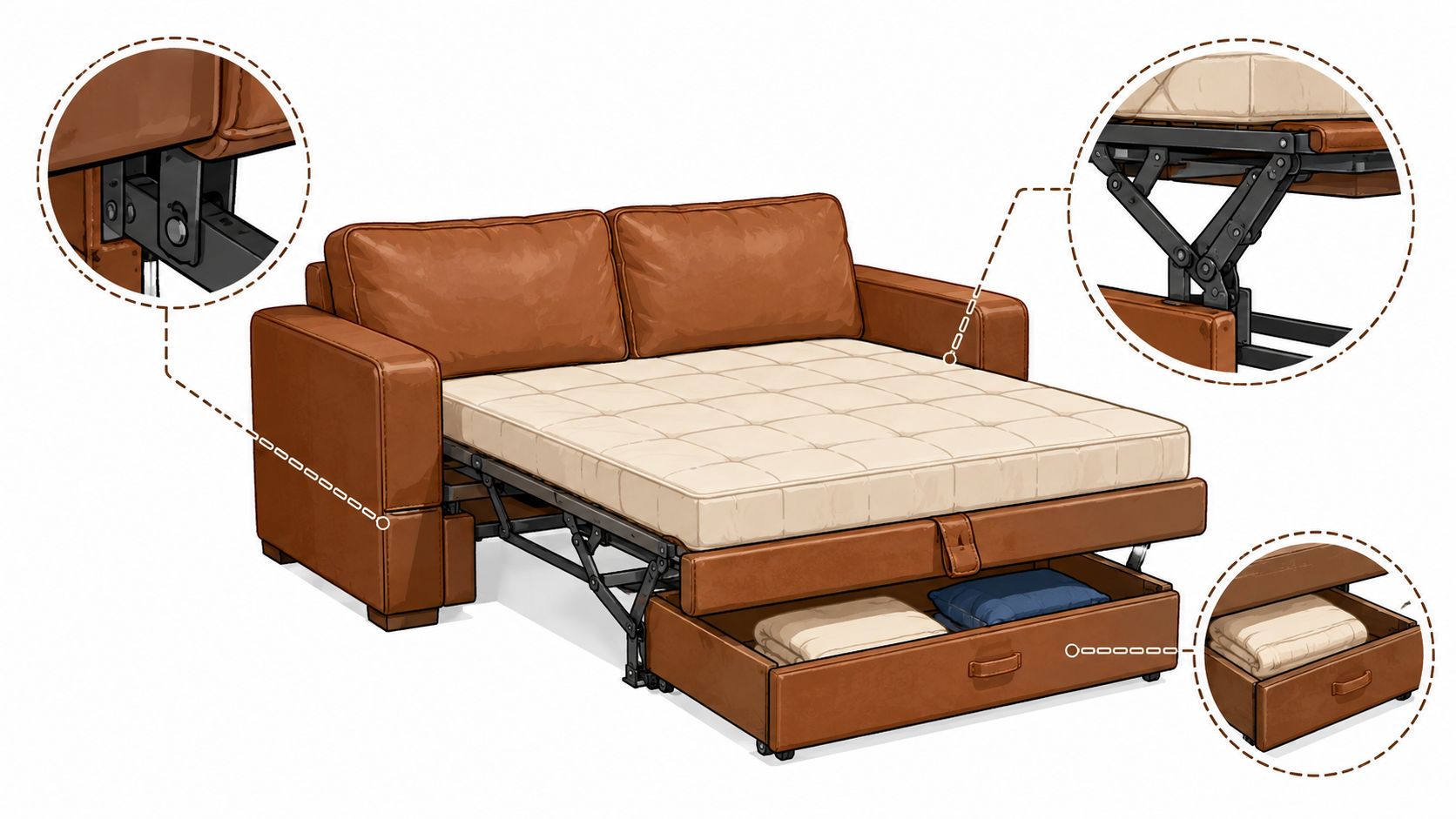 An illustration of a brown leather sofa bed with an integrated storage drawer and open metal mechanism.