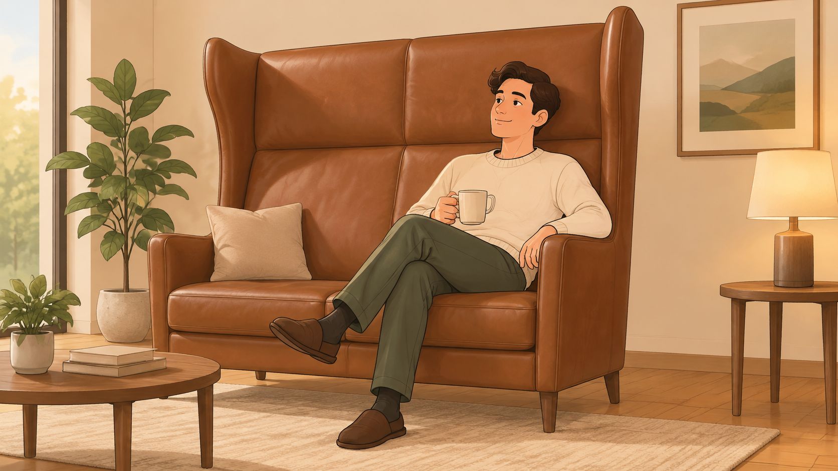A man relaxing on a tall brown leather sofa in a cozy, sunlit living room with plants.