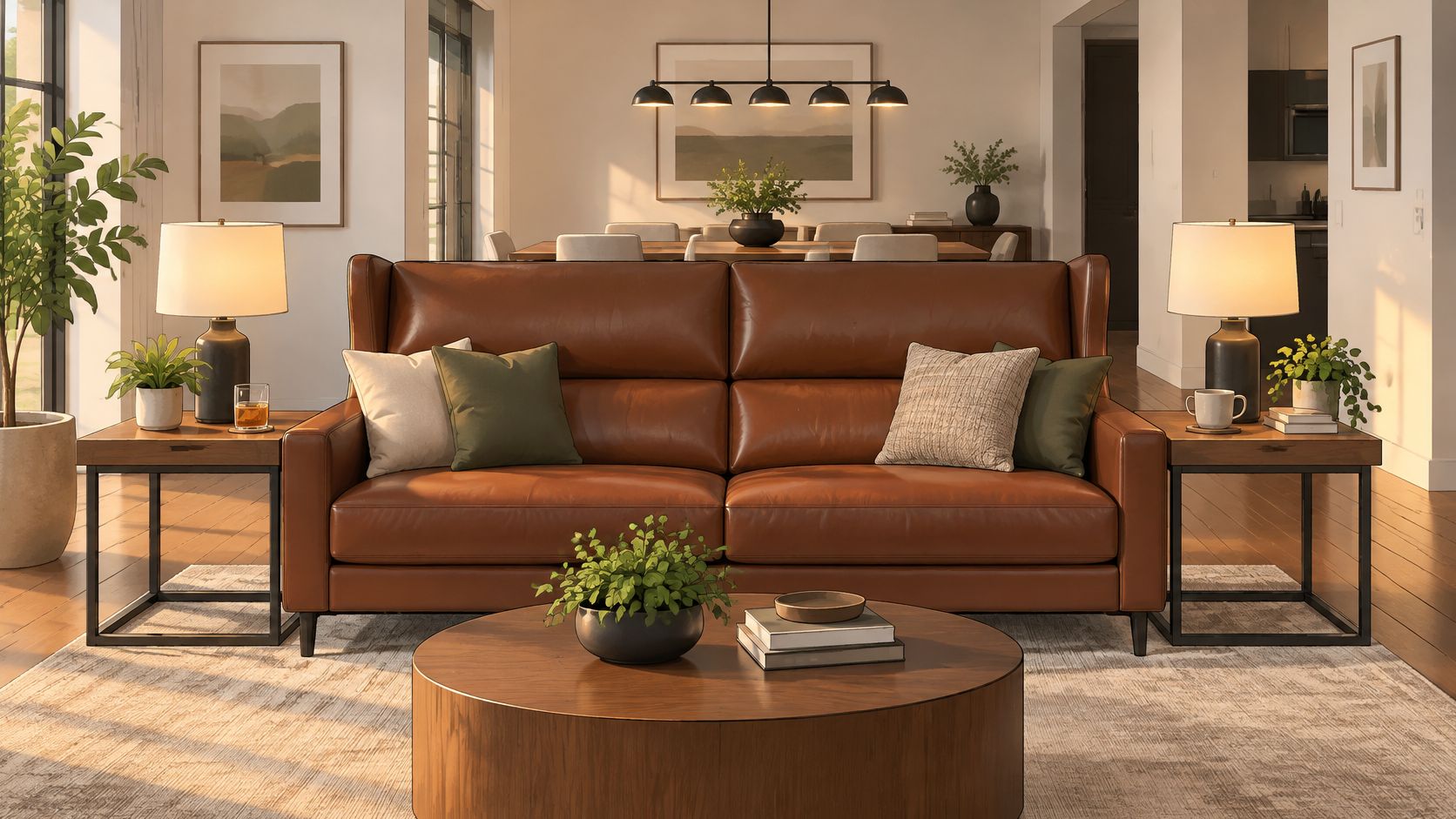 A luxurious brown leather high back sofa placed in a bright, modern living room with side tables.