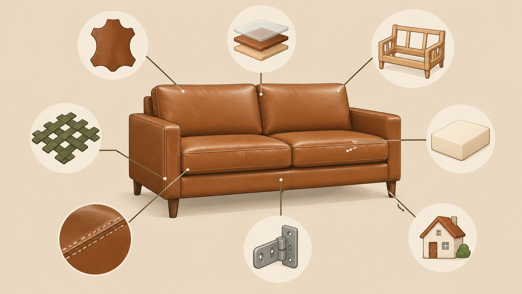A detailed diagram illustrating the high-quality materials and structural components used to manufacture a brown leather sofa.
