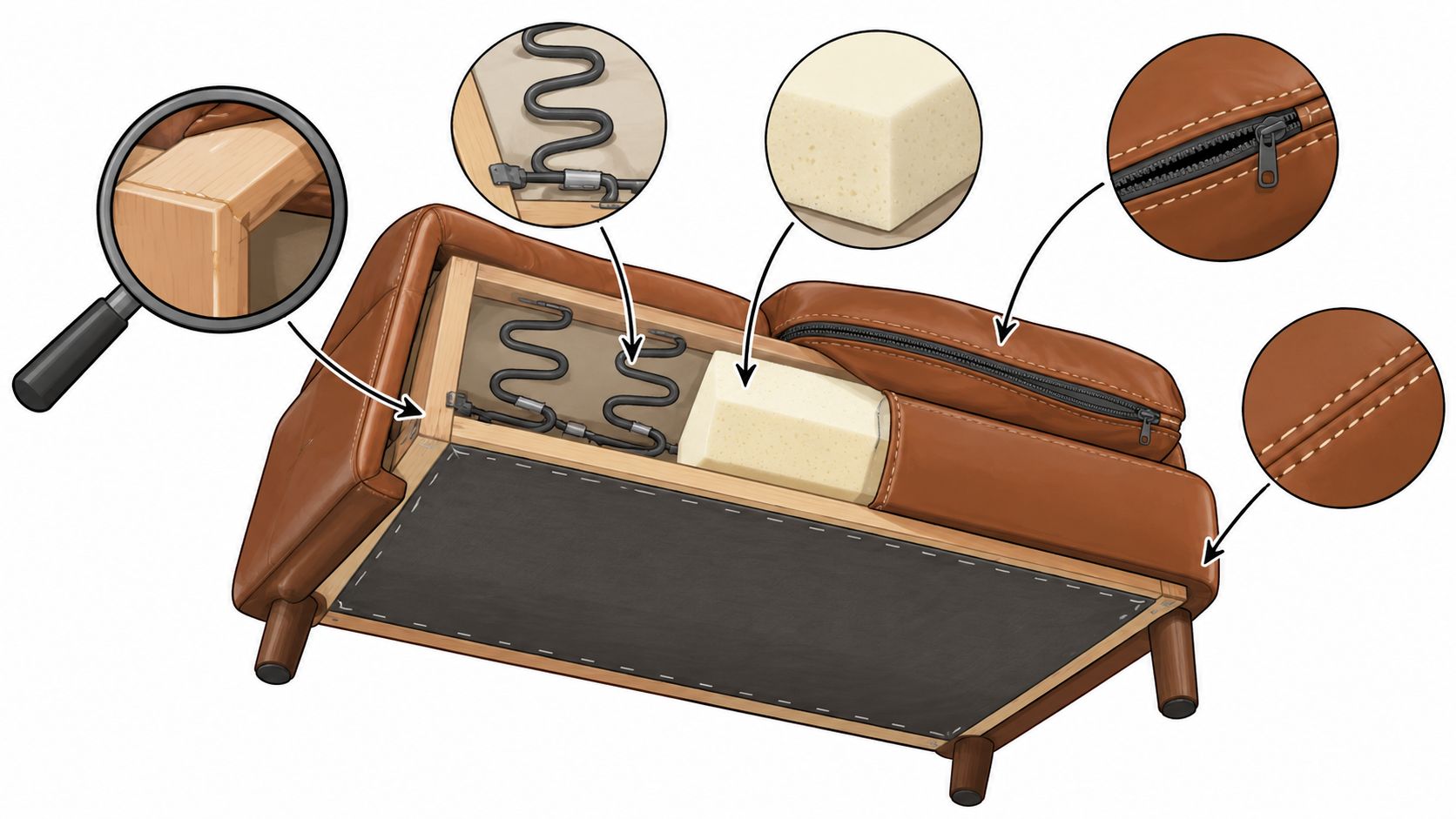 A cutaway diagram of a leather sofa showcasing internal construction, including wooden frame, springs, foam, and stitching details.