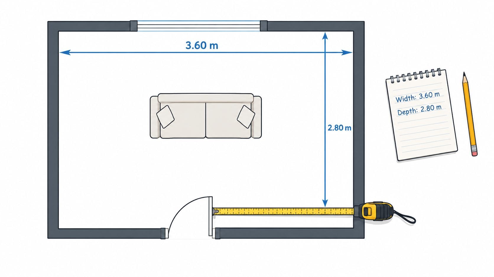 A top-down floor plan diagram of a room containing a sofa with measurements written on a notepad.