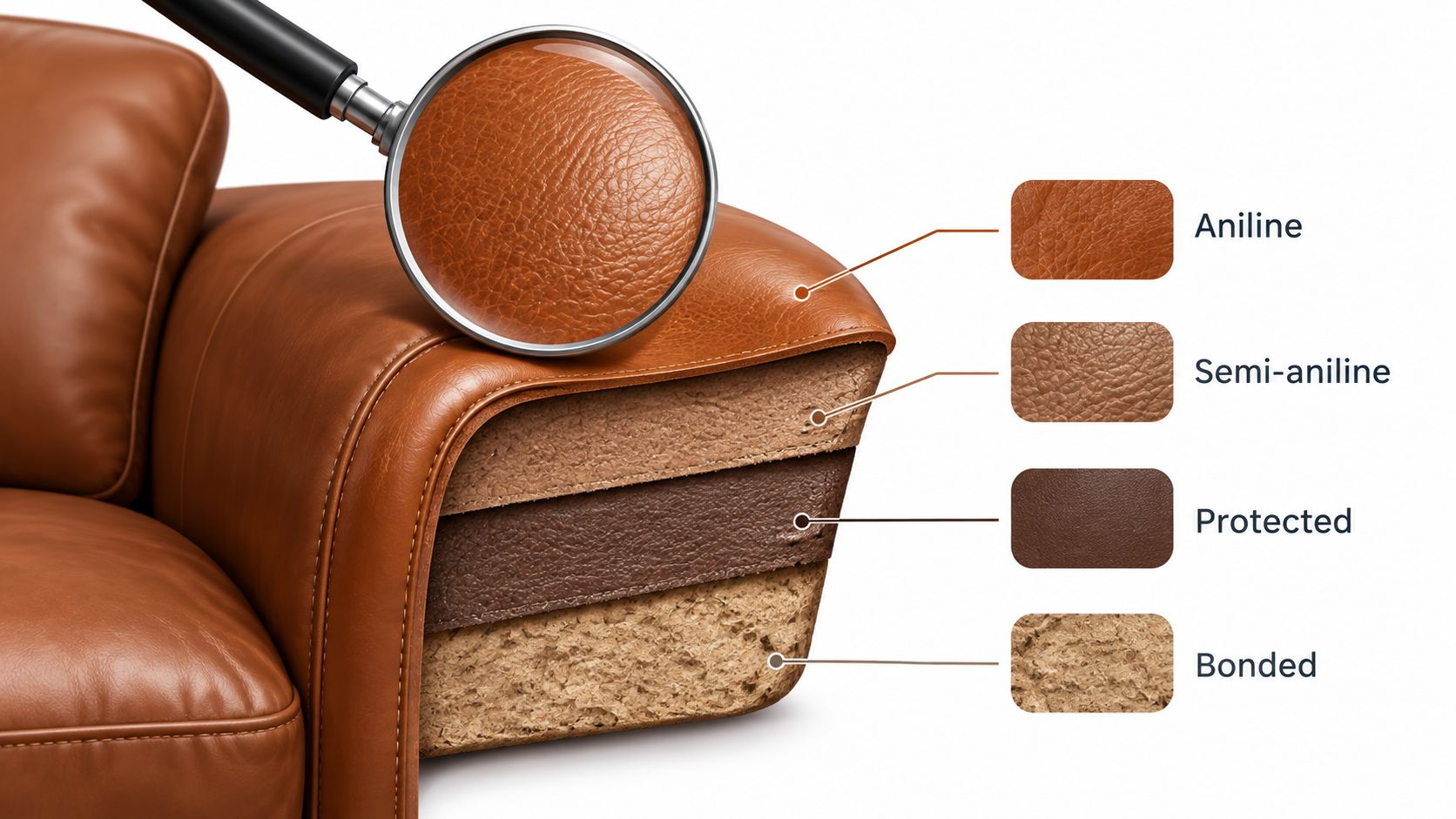 A close-up diagram illustrating the cross-section layers of leather types used for sofa upholstery.