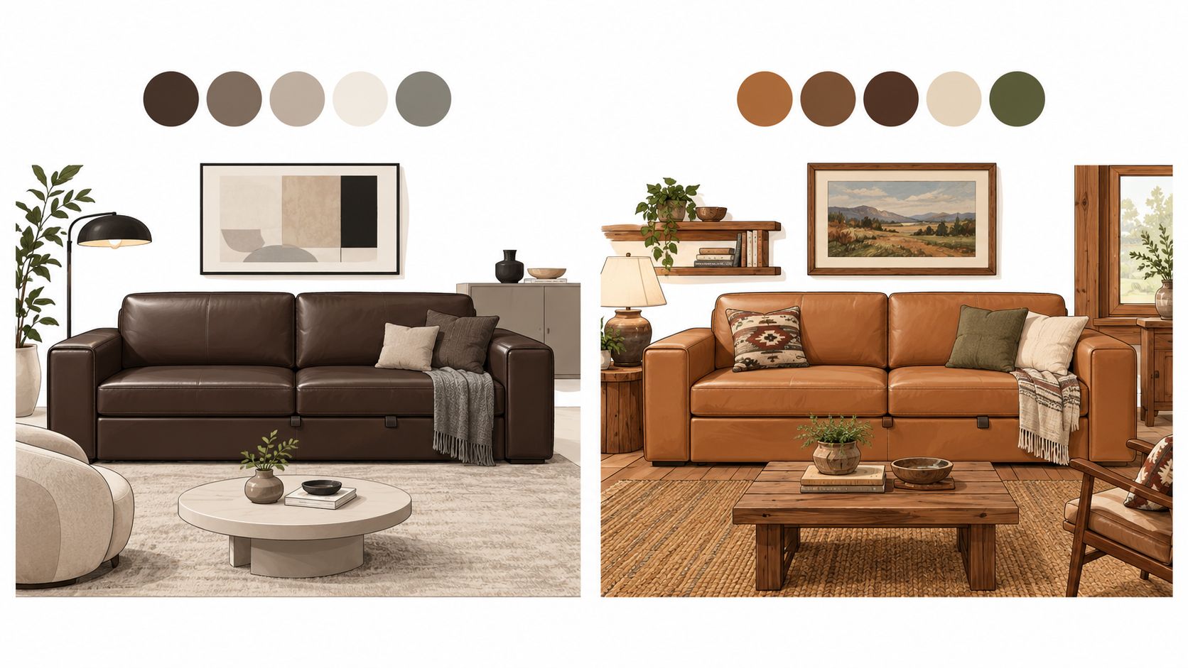 Two side by side interior design concepts featuring leather sofas with storage and complementary color palettes.