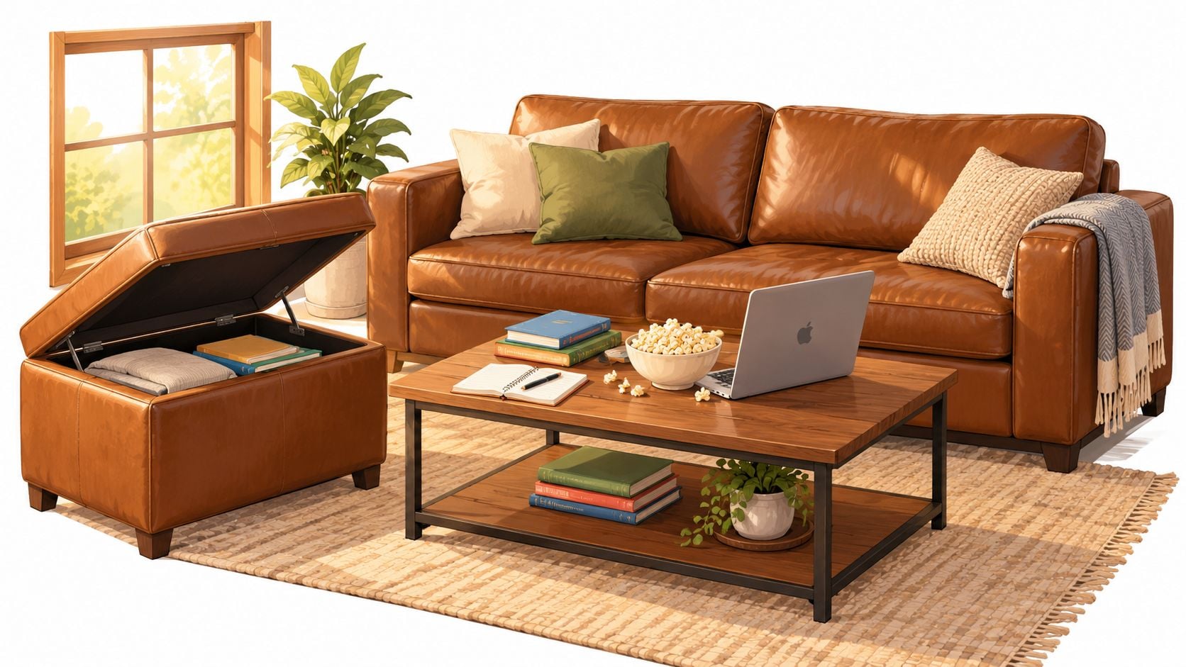 A cozy living room setting featuring a leather sofa, a matching storage ottoman, and a wooden coffee table.