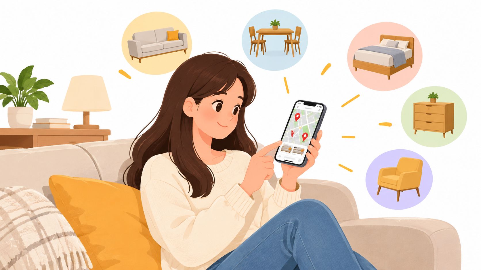 A young woman sitting on a sofa looking at furniture options on her smartphone mobile app.