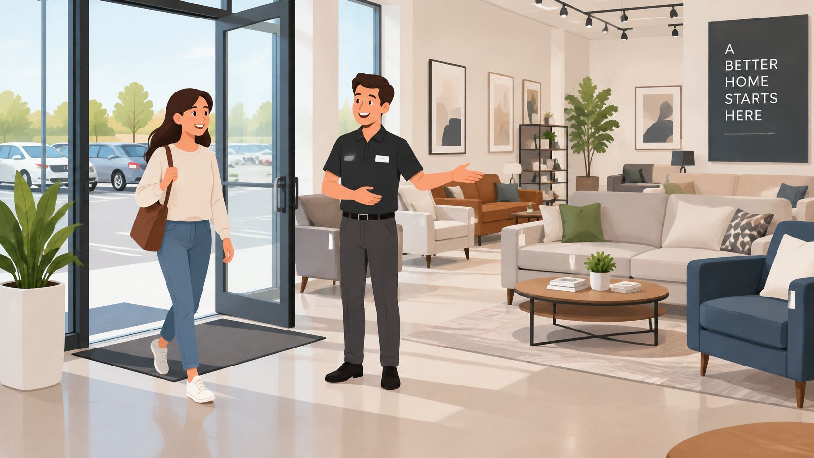A friendly store associate greets a female customer entering a modern furniture showroom filled with living room displays.
