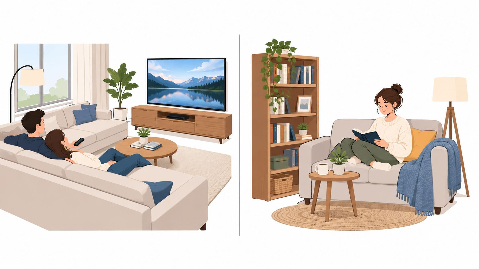 A split illustration showing a couple watching television and a woman reading a book in cozy living rooms.