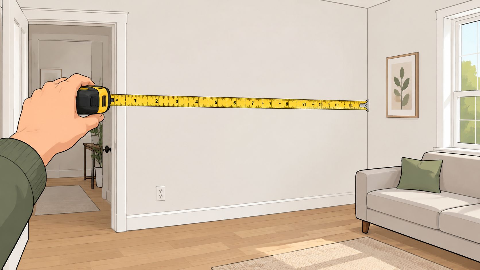A first-person view of a person using a yellow tape measure to measure a living room wall.