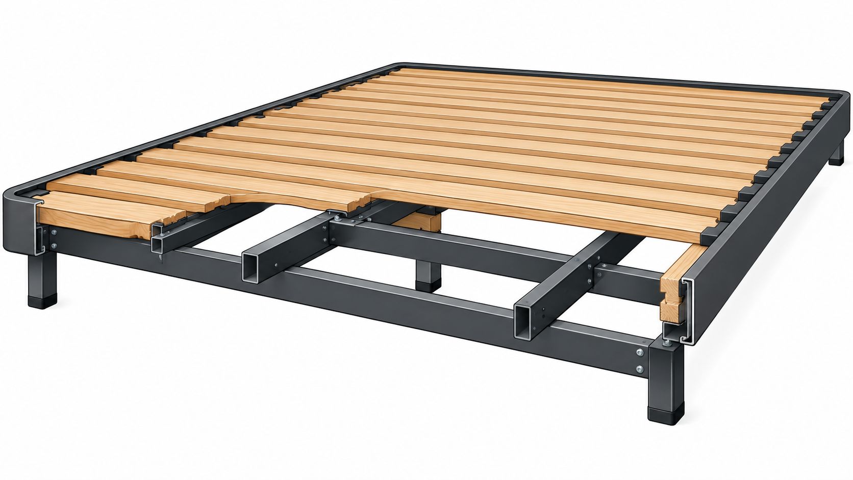 A modern low profile bed base featuring a sturdy metal frame and wooden support slats isolated white.