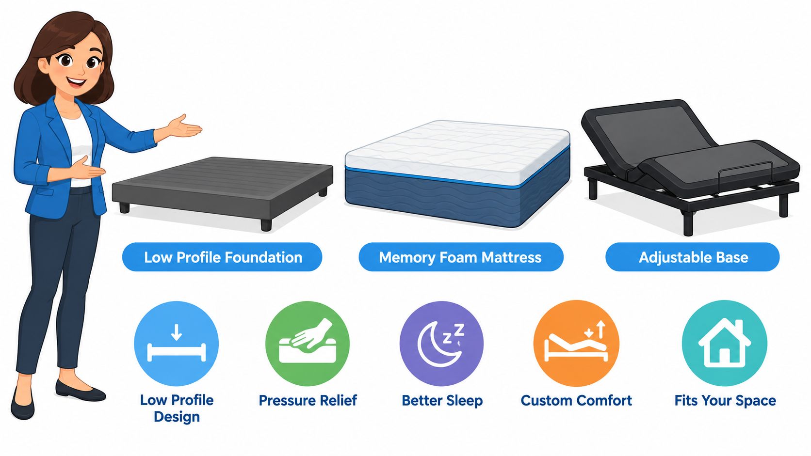 A woman presenting a low profile foundation, memory foam mattress, and an adjustable base for better sleep.