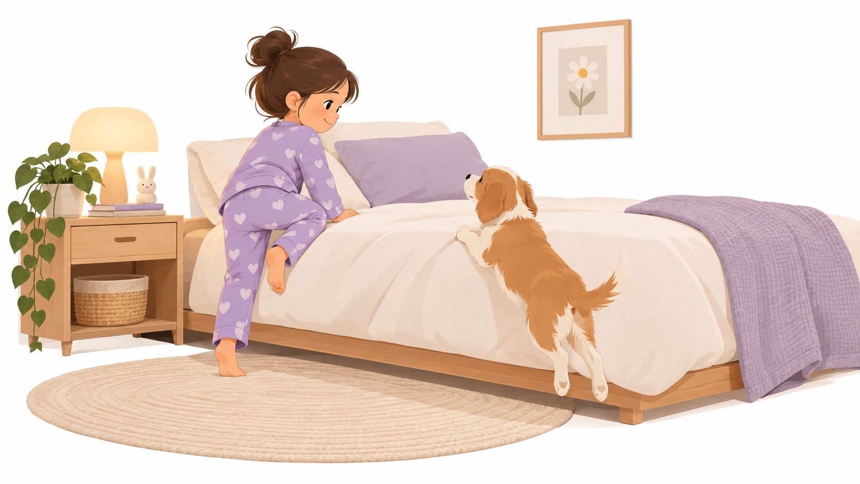 A young girl climbing onto a bed with a wooden low profile mattress foundation beside her puppy.