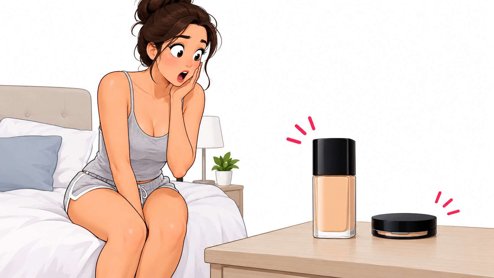A surprised woman sitting on a bed looking at makeup products resting on a nightstand.